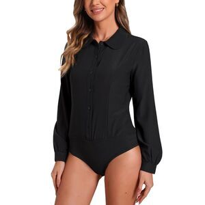 Button Down Leotard Shirt Long Sleeve Work Blouse Tops Black